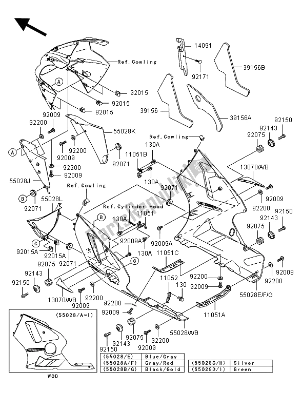 All parts for the Cowling Lower of the Kawasaki Ninja ZX 12R 1200 2002