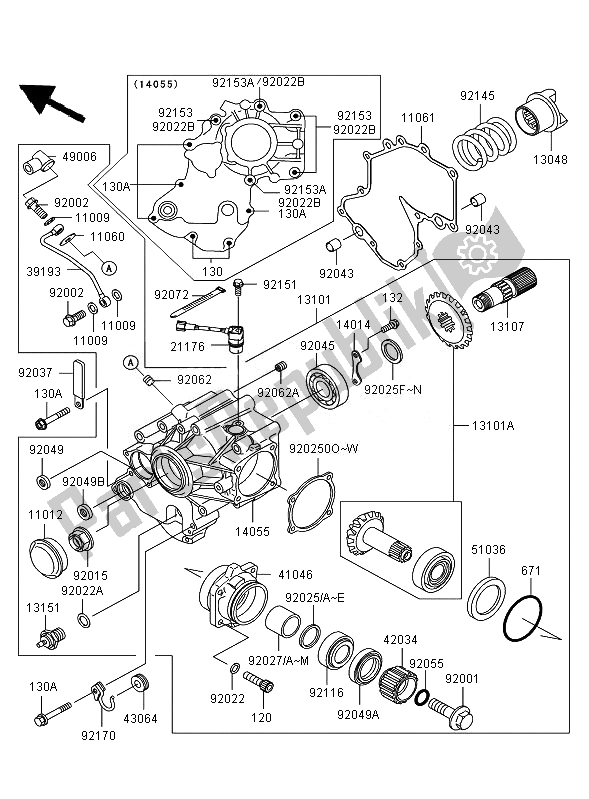 All parts for the Front Bevel Gear of the Kawasaki VN 1600 Mean Streak 2007