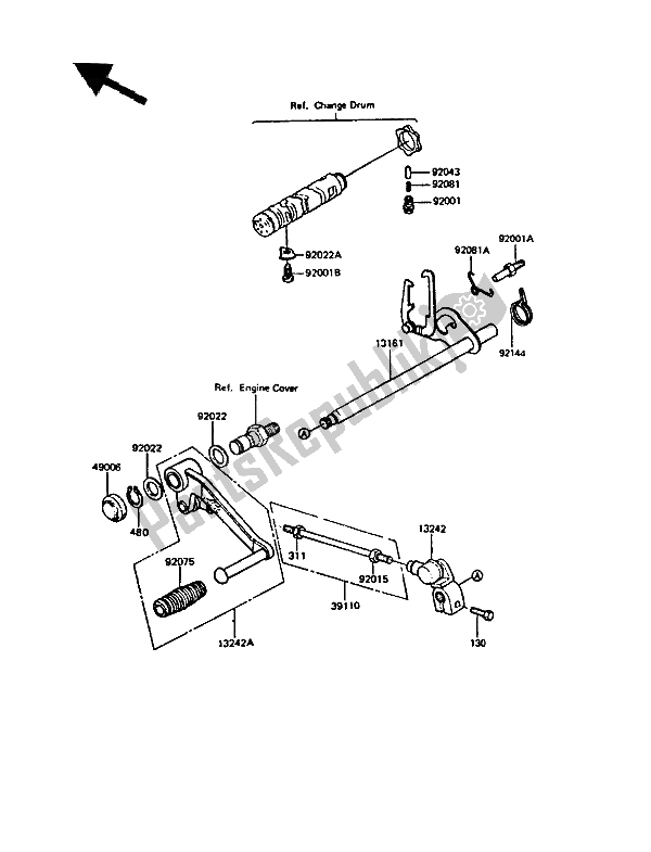 All parts for the Gear Change Mechanism of the Kawasaki GPZ 550 1988