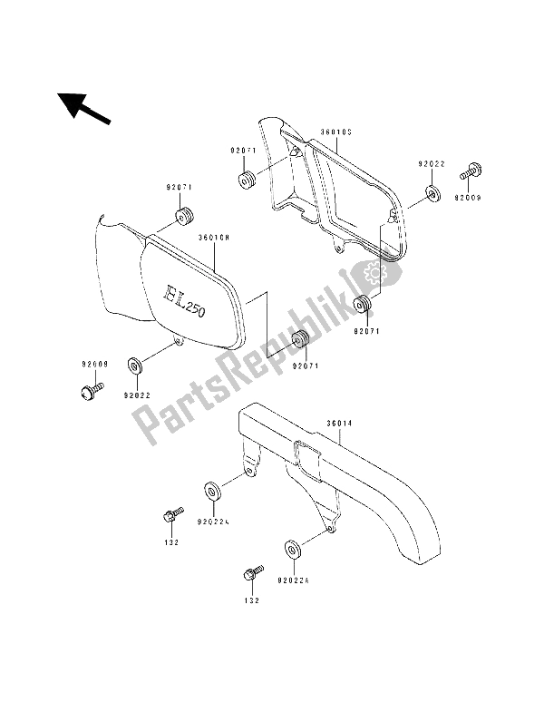 Alle onderdelen voor de Zijafdekkingen En Kettingafdekking van de Kawasaki EL 250E 1991
