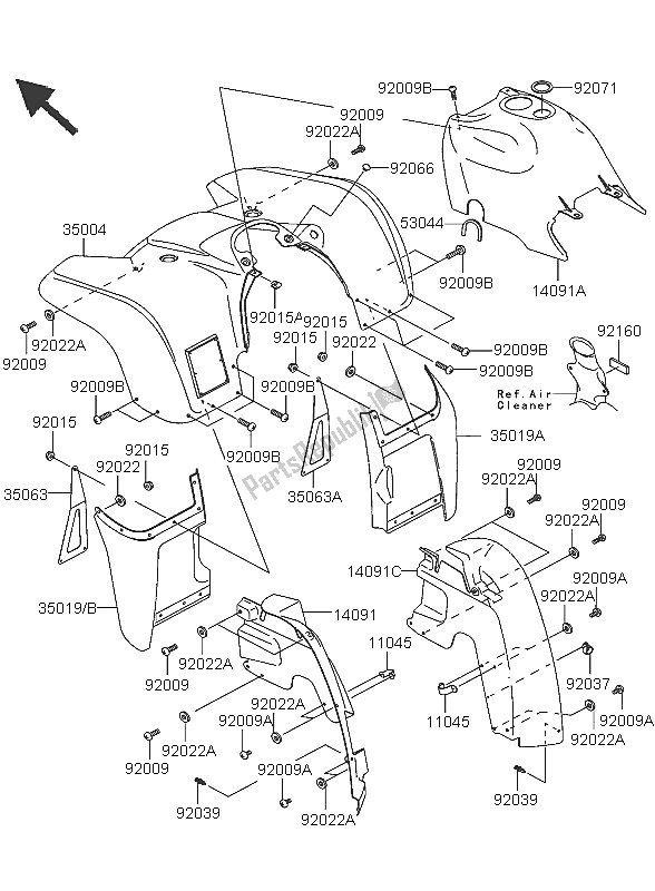 All parts for the Front Fender of the Kawasaki KVF 360 2005