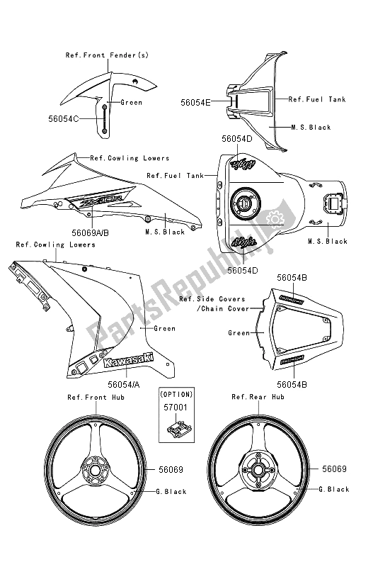 Todas as partes de Decalques (verde) do Kawasaki Ninja ZX 10R ABS 1000 2013