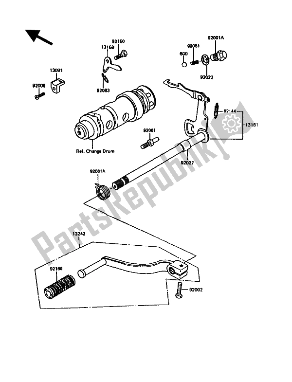 All parts for the Gear Change Mechanism of the Kawasaki KE 100 1992