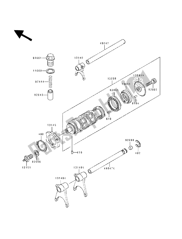 All parts for the Gear Change Drum & Shift Fork(s) of the Kawasaki EL 250D 1994