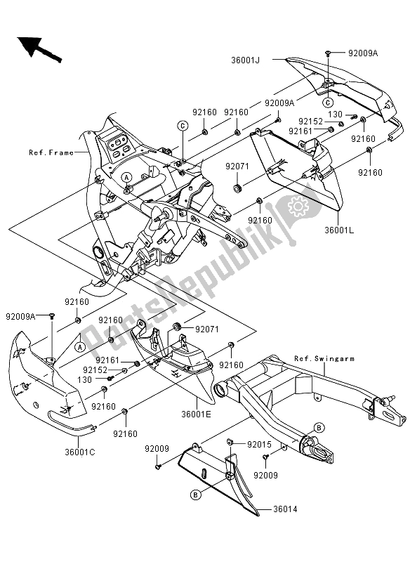 Alle onderdelen voor de Zijafdekkingen En Kettingafdekking van de Kawasaki VN 1700 Voyager ABS 2009