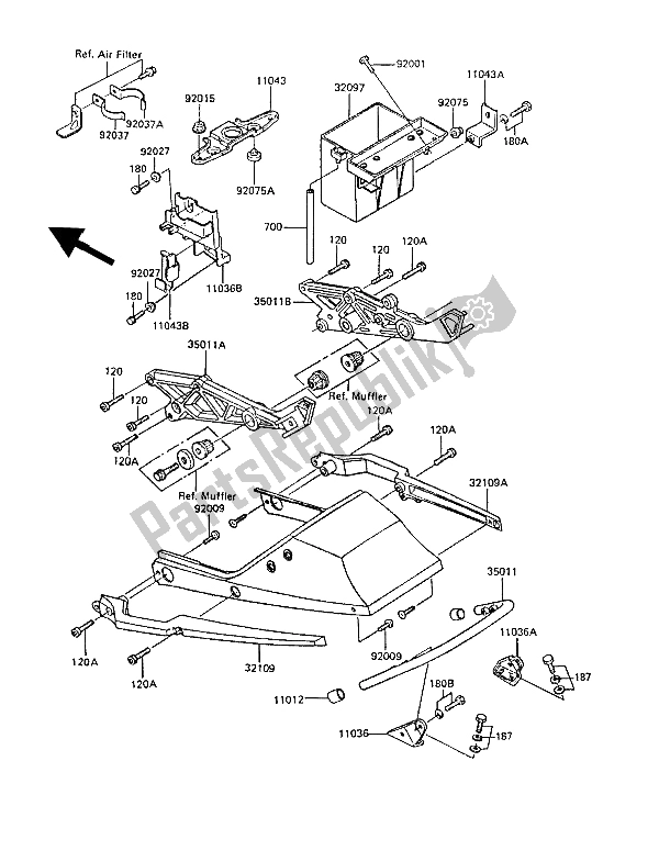 All parts for the Battery Case of the Kawasaki GPZ 550 1989