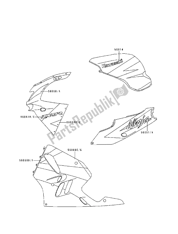 Alle onderdelen voor de Stickers (groen & Wit & Violet) van de Kawasaki Ninja ZX9R 900 1994