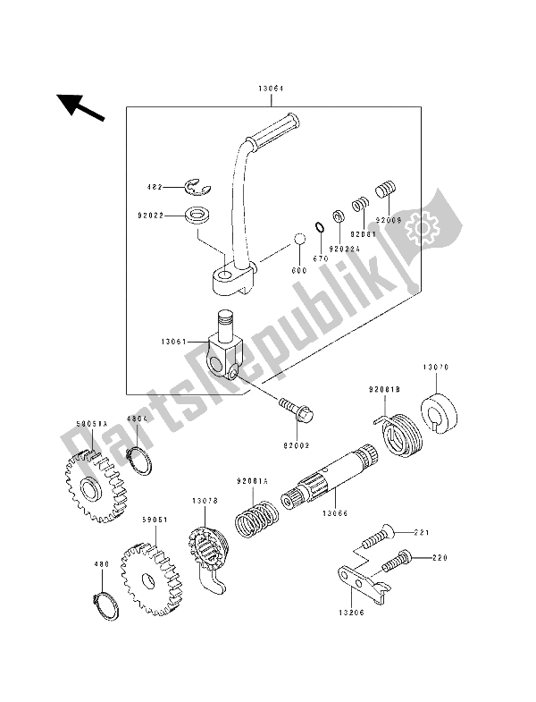 All parts for the Kickstarter Mechanism of the Kawasaki KX 60 1991