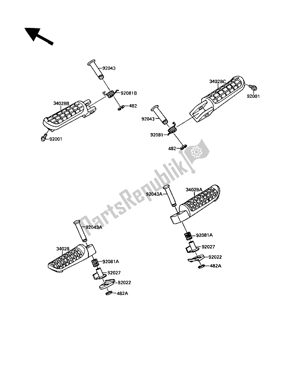 Alle onderdelen voor de Voetsteunen van de Kawasaki KR 1 250 1989