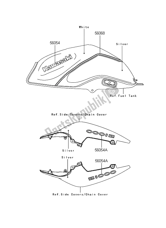 Toutes les pièces pour le Décalcomanies (blanc-argent) du Kawasaki Z 1000 2009