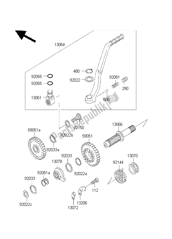 Alle onderdelen voor de Kickstarter-mechanisme van de Kawasaki KX 500 2003