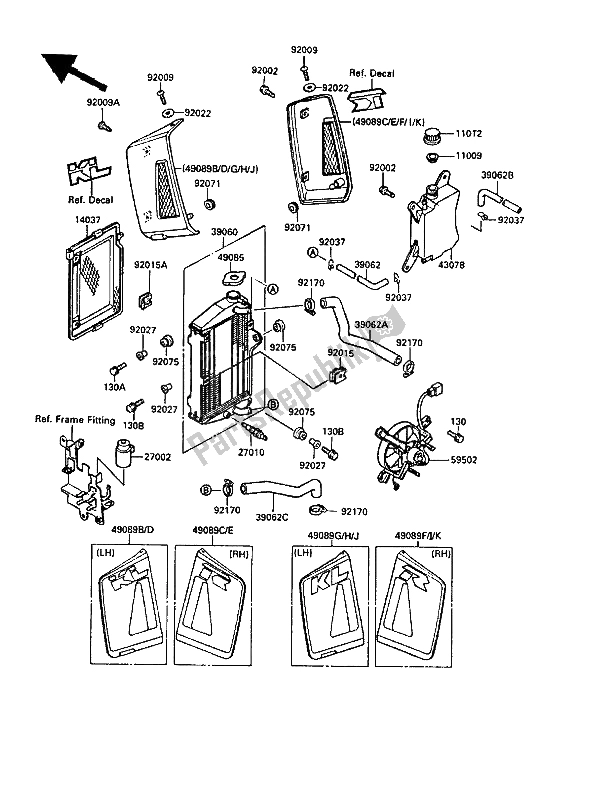 All parts for the Radiator of the Kawasaki KLR 650 1989