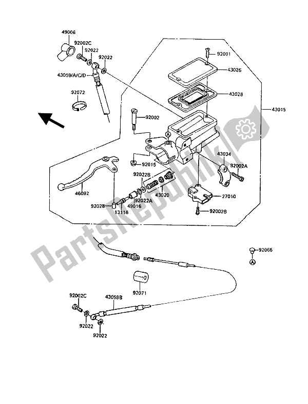 All parts for the Clutch Master Cyinder of the Kawasaki 1000 GTR 1988