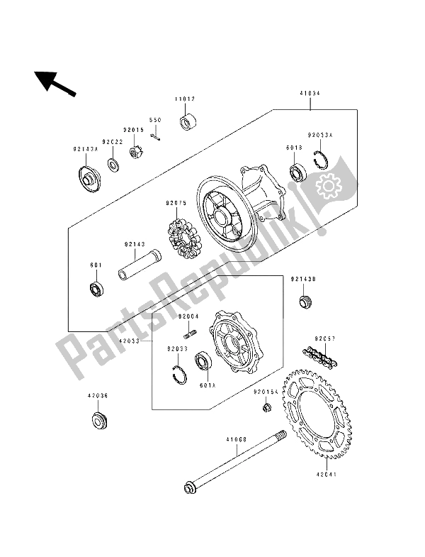 All parts for the Rear Hub of the Kawasaki Tengai 650 1990