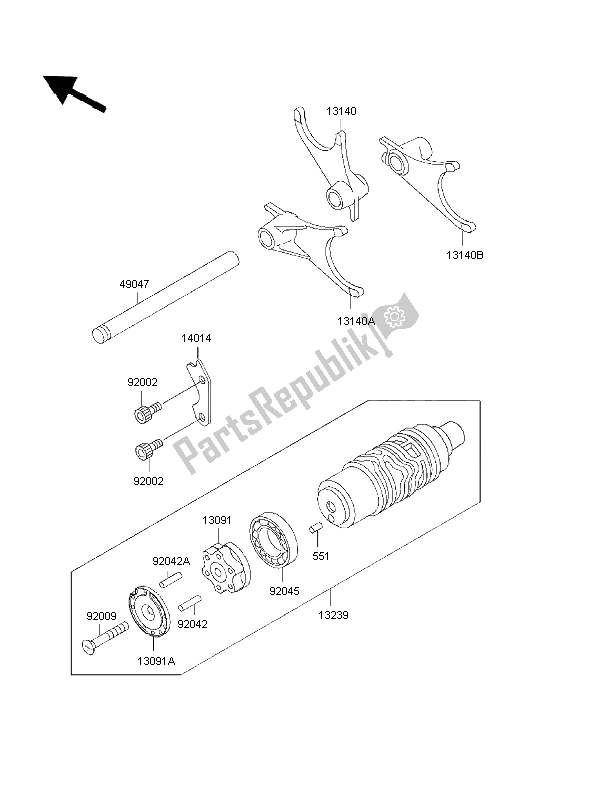 All parts for the Gear Change Drum & Shift Fork of the Kawasaki 1000 GTR 1997