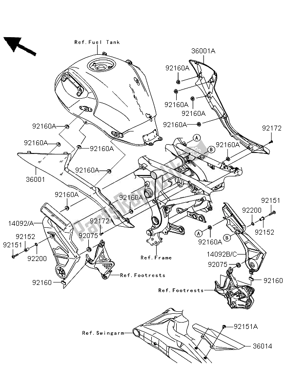 Alle onderdelen voor de Zijafdekkingen En Kettingafdekking van de Kawasaki Versys ABS 650 2011