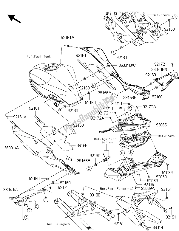 Todas as partes de Tampas Laterais E Tampa Da Corrente do Kawasaki Ninja 250 SL ABS 2015