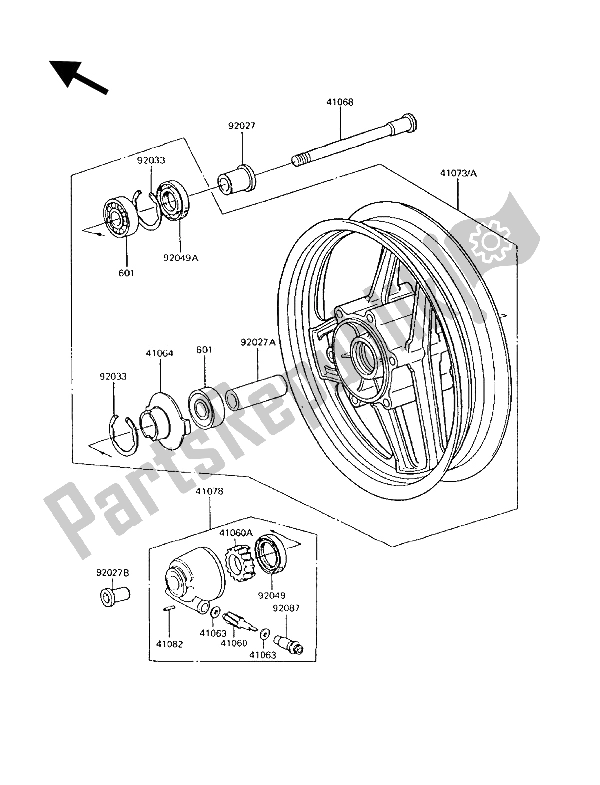 All parts for the Front Hub of the Kawasaki 1000 GTR 1992