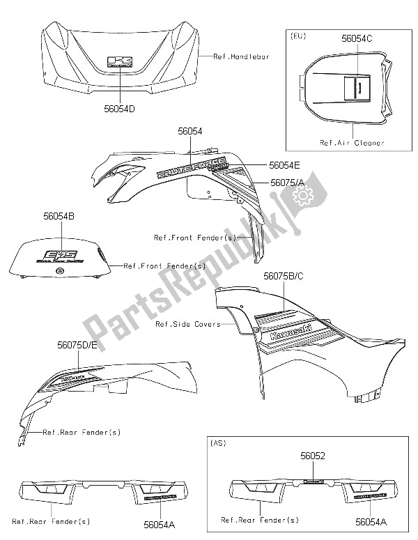 Alle onderdelen voor de Stickers (zwart) van de Kawasaki Brute Force 750 4X4I EPS 2016