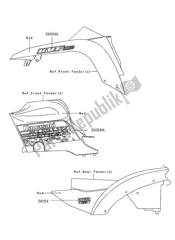 All parts for the Decals (red) of the Kawasaki KVF 360 4X4 2012