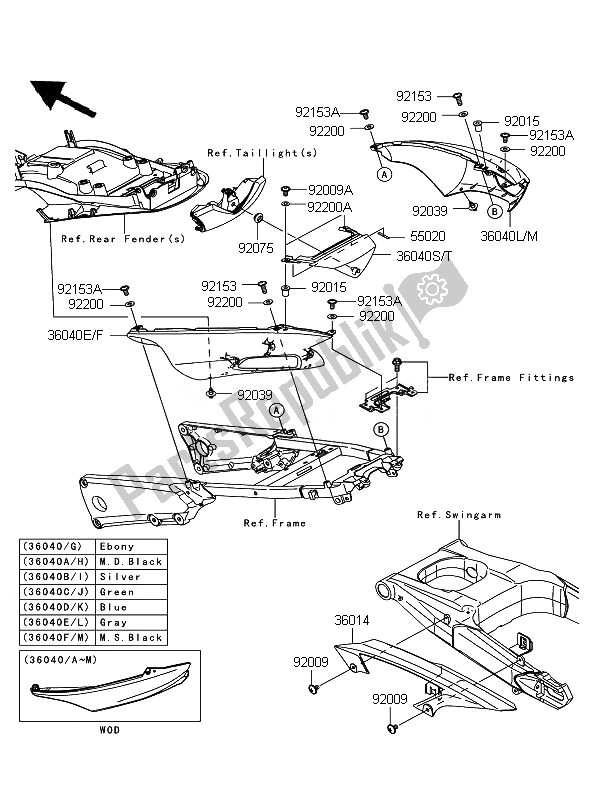 Alle onderdelen voor de Zijafdekkingen En Kettingafdekking van de Kawasaki ZZR 1400 ABS 2010