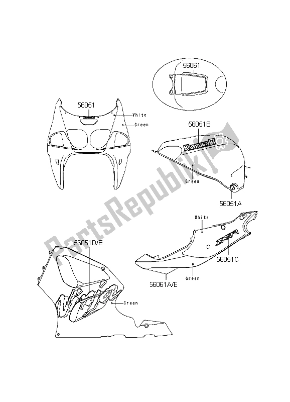 Toutes les pièces pour le Décalcomanies (vert) du Kawasaki Ninja ZX 7R 750 1998