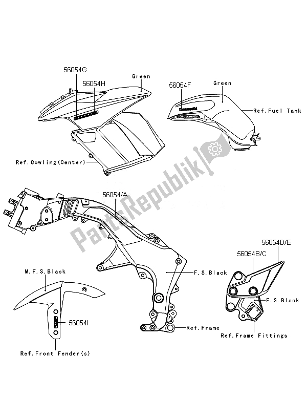 Tutte le parti per il Decalcomanie (verde) del Kawasaki ZX 1000 SX ABS 2014