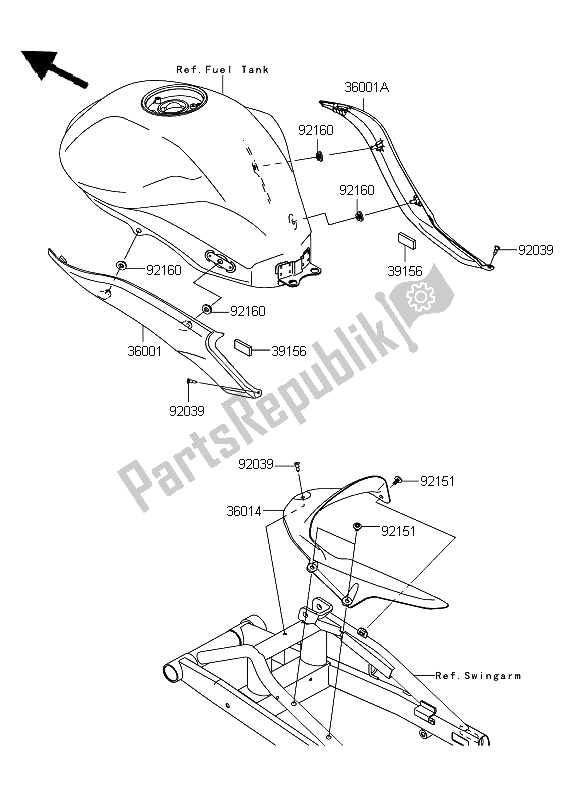 Alle onderdelen voor de Zijafdekkingen En Kettingafdekking van de Kawasaki ER 6F ABS 650 2009