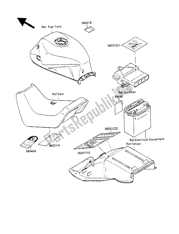 Tutte le parti per il Etichette del Kawasaki GPX 600R 1988