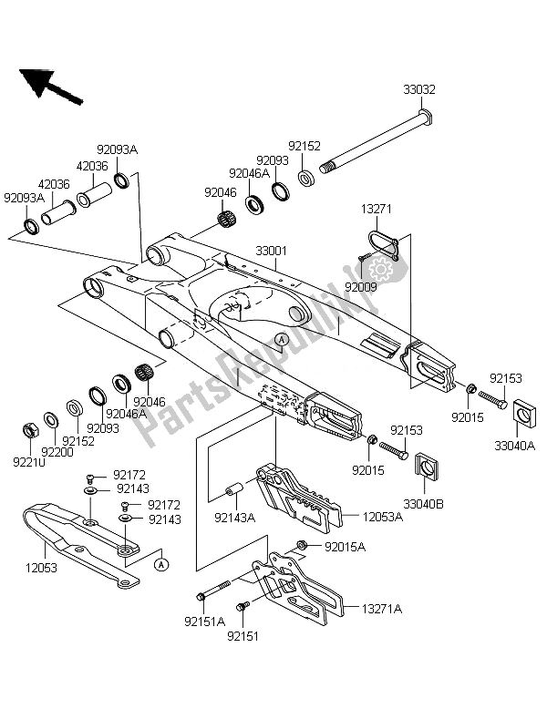 All parts for the Swingarm of the Kawasaki KX 250 2007