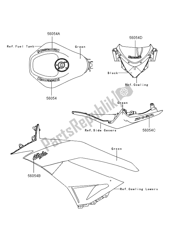 Wszystkie części do Kalkomanie (zielone) Kawasaki Ninja ZX 6R 600 2009