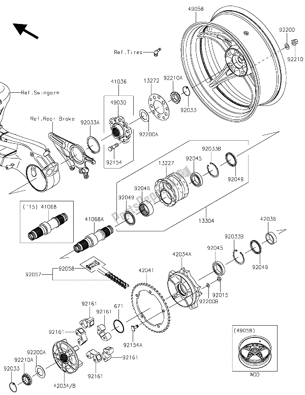All parts for the Rear Hub of the Kawasaki Ninja H2 1000 2015