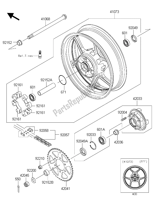 All parts for the Rear Hub of the Kawasaki ER 6N ABS 650 2015