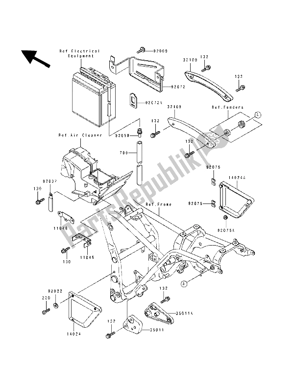 All parts for the Battery Case of the Kawasaki EL 250D 1994
