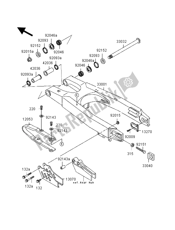 All parts for the Swingarm of the Kawasaki KX 250 2000