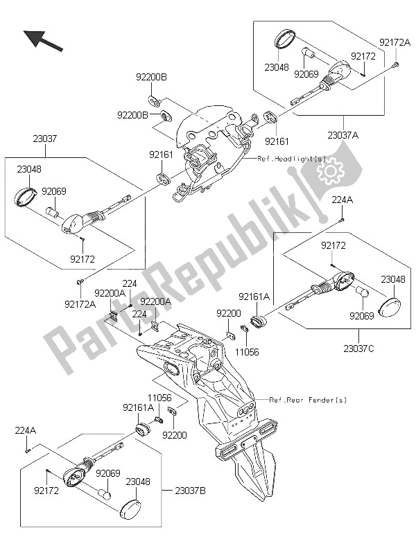 All parts for the Turn Signals of the Kawasaki D Tracker 150 2016