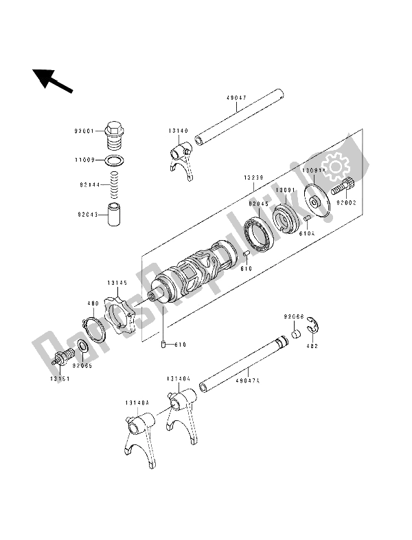 All parts for the Gear Change Drum & Shift Fork(s) of the Kawasaki EL 250E 1991