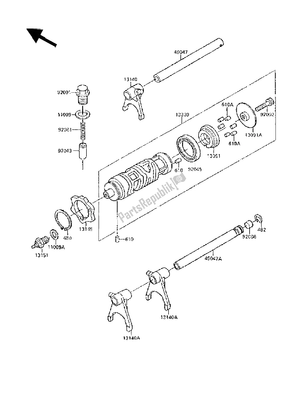 All parts for the Gear Change Drum & Shift Fork(s) of the Kawasaki GPX 250R 1989
