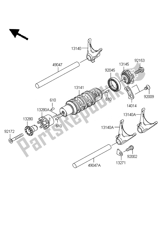 All parts for the Gear Change Drum & Shift Fork(s) of the Kawasaki ER 6N 650 2011