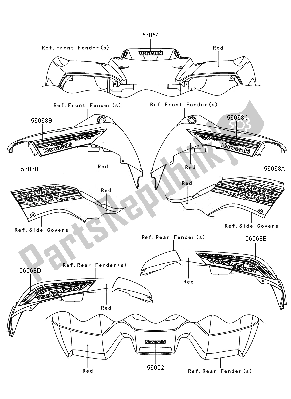 Todas as partes de Decalques (vermelho) (as) do Kawasaki KVF 650 4X4 2010