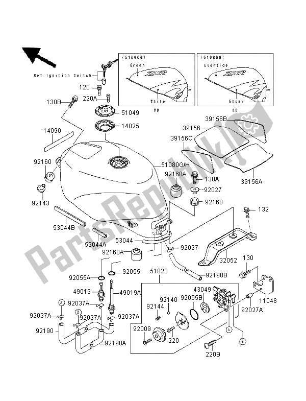 Alle onderdelen voor de Benzinetank van de Kawasaki ZXR 750 1995