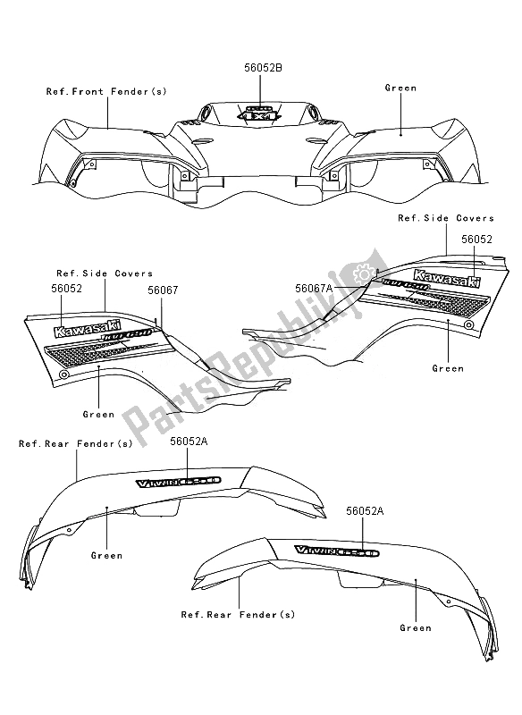 All parts for the Decals (green) (eu,uk) of the Kawasaki KVF 650 4X4 2007