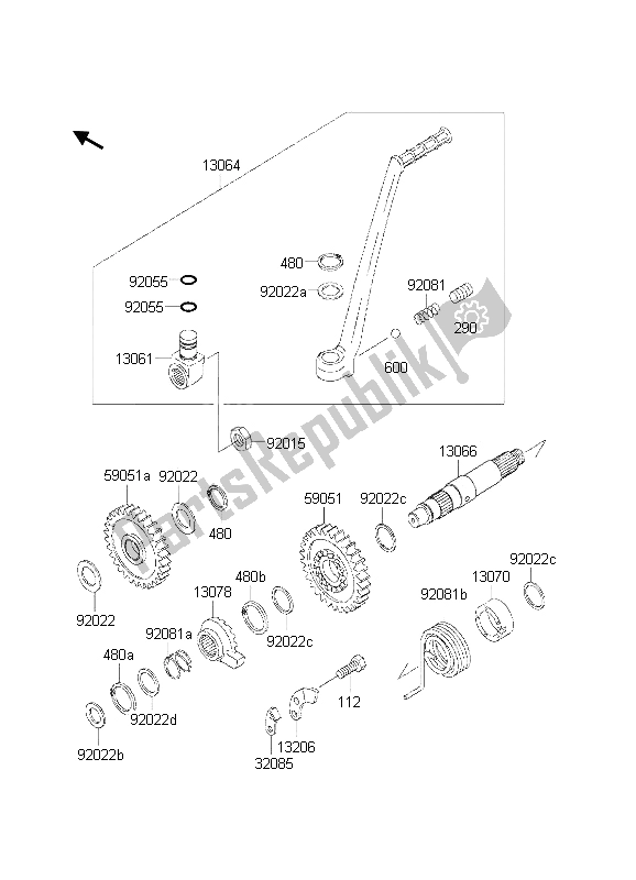 All parts for the Kickstarter Mechanism of the Kawasaki KDX 200 2002