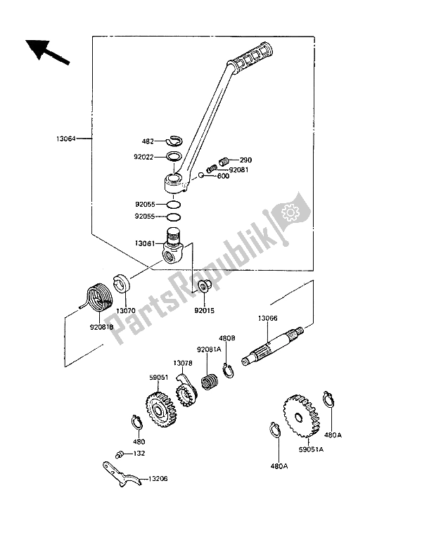 All parts for the Kickstarter Mechanism of the Kawasaki KMX 125 1986