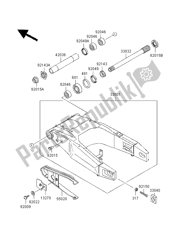 All parts for the Swingarm of the Kawasaki Ninja ZX 9R 900 1997