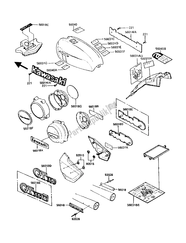 Alle onderdelen voor de Etiketten van de Kawasaki GT 550 1986