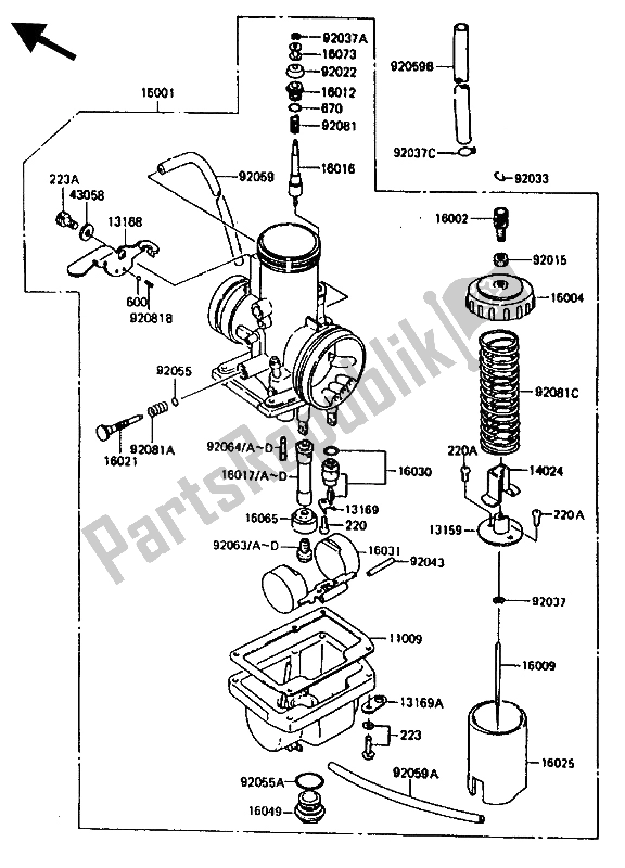 Alle onderdelen voor de Carburator van de Kawasaki KX 80 1987