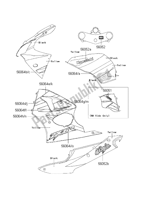 All parts for the Decals (yellow-black) of the Kawasaki Ninja ZX 6R 600 2001