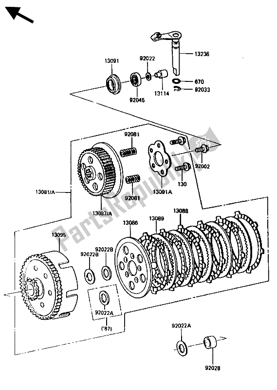 All parts for the Clutch of the Kawasaki KX 80 1986