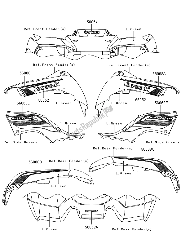 Todas las partes para Calcomanías (l. Verde) (eu, Uk) de Kawasaki KVF 650 4X4 2009